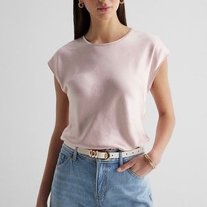 Express Pale Pink Cap-Sleeve Satin Blouse